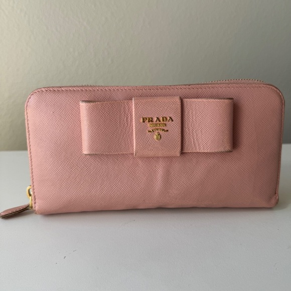 PRADA saffiano Fiocco wallet zip, zippy saffiano Leather Ribbon Pink Orchidea - Picture 2 of 5